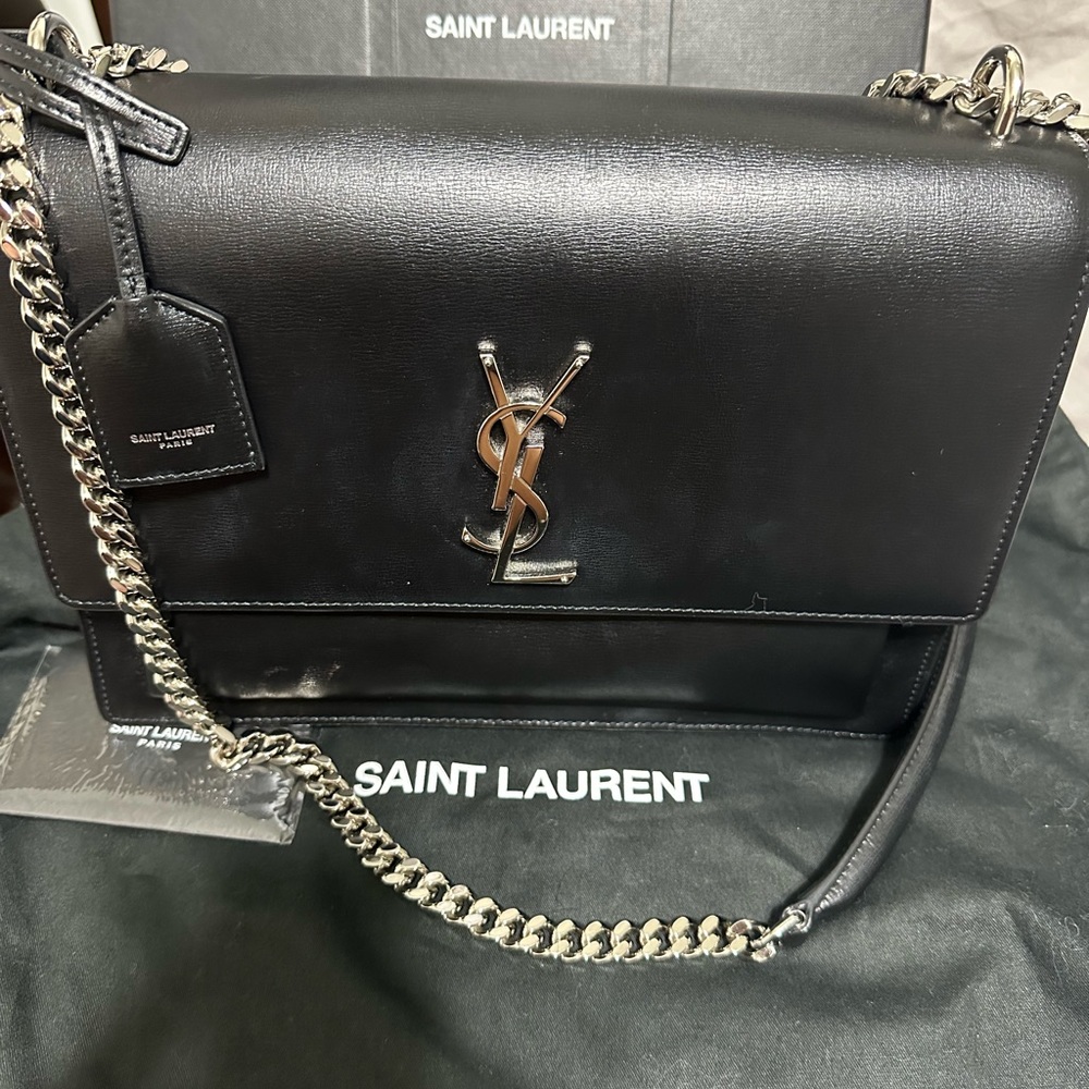 YSL Large Sunset Bag in black smooth leather with silver hardware